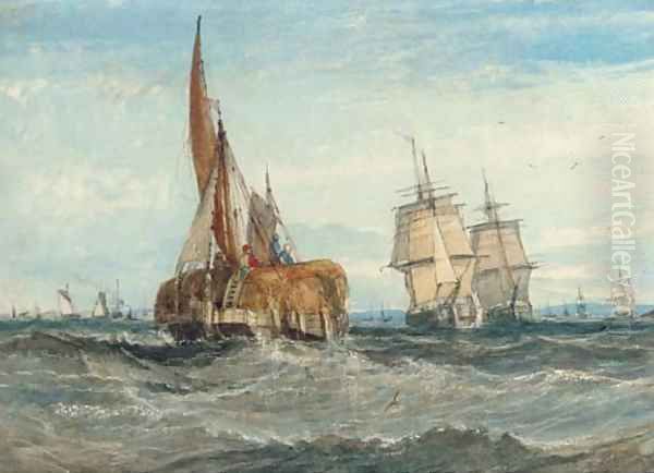 A hay barge and merchant ships on the Medway Oil Painting by George Chambers