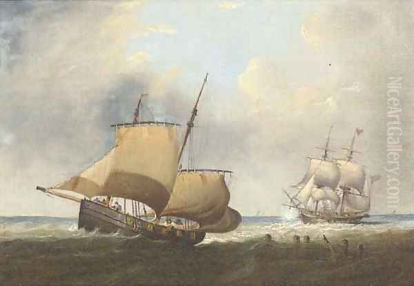 A Naval brig astern of an armed lugger firing a shot Oil Painting by George Chambers