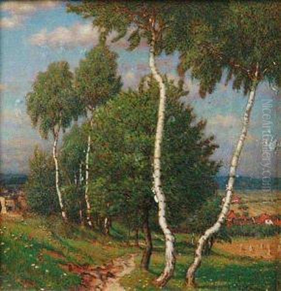 A Landscape With Birches Oil Painting by Jan Honsa