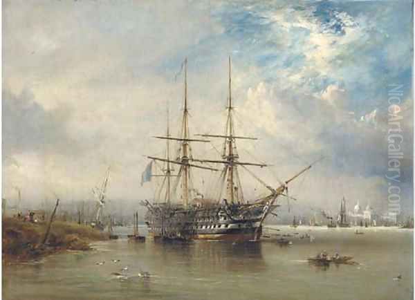 H.M.S. Agamemnon lying off Greenwich, possibly when loading the Atlantic Telegraph cable Oil Painting by George Chambers