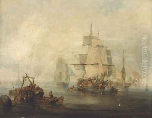 Trading brigs at anchor and drying their sails as the cargo is unloaded Oil Painting by George Chambers