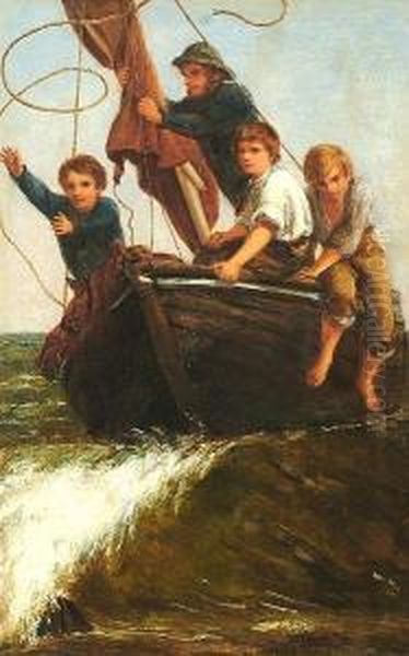 Bringing The Boat Ashore. Oil Painting by James Clark Hook