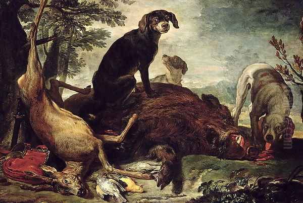 Dogs with Slain Wild Boar and Deer Oil Painting by David de Coninck