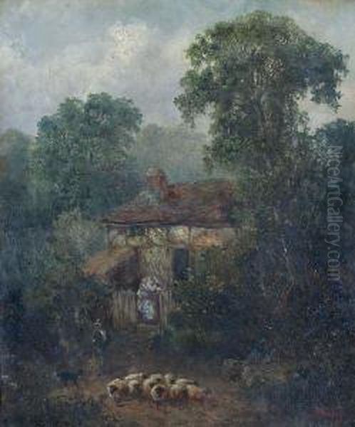 A Country Cottage In Woodland, 
With Shepherd, Flock And Dog Before And Maiden At The Gateway Oil Painting by John Horace Hooper