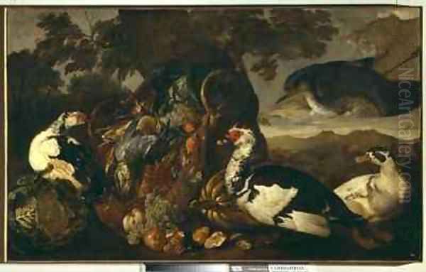 Still life and marsh birds Oil Painting by David de Coninck