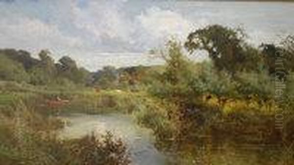 River Landscape With Cattle And 
Farm Buildings In Background, A Figure In A Punt With Fishing Rod In 
Foreground Oil Painting by John Horace Hooper