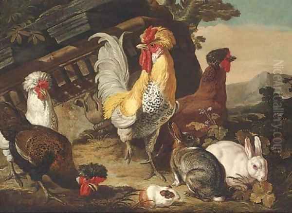 Chickens, rabbits and a guinea-pig by classical ruins Oil Painting by David de Coninck