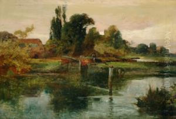 Figure In A River Landscape Oil Painting by John Horace Hooper