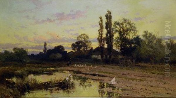 The Duck Pond, With Figures And Geese Before A Farmstead Oil Painting by John Horace Hooper