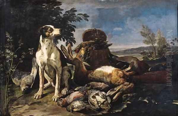 A hound guarding dead game at the edge of a wood Oil Painting by David de Coninck