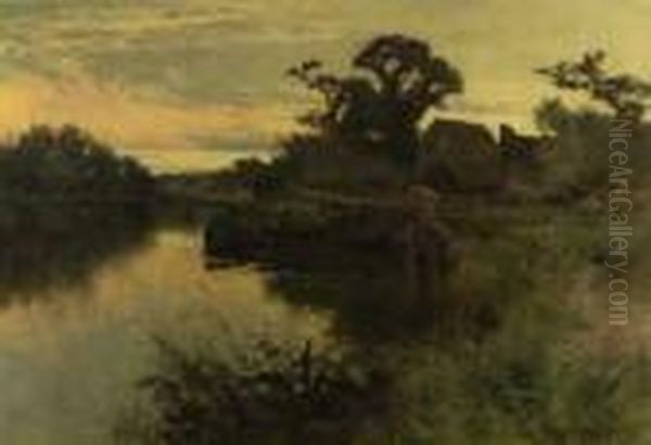 Flussbiegung Mit Drehbrucke Vor Wassermuhle In Abendstimmung Oil Painting by John Horace Hooper