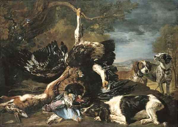 A spaniel, an eagle, a hare and a wicker basket with a jay, finches and other birds overlooked by two hounds, a mountainous landscape beyond Oil Painting by David de Coninck