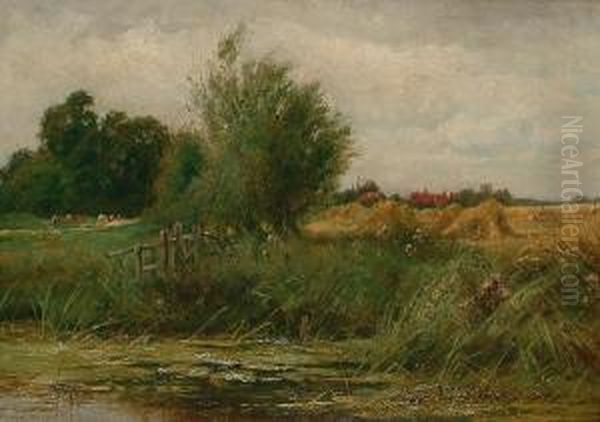 View Of A Cornfiled From Accross A Pond Oil Painting by John Horace Hooper