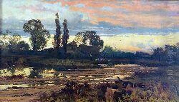 A River Landscape At Sunset Oil Painting by John Horace Hooper