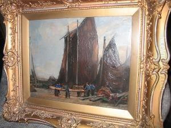 A Fife Fishing Quay Oil Painting by Robert Hope