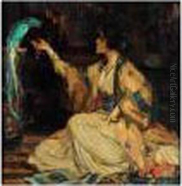 Girl And A Quetzal Oil Painting by Robert Hope