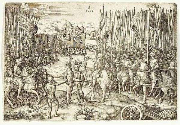 Two Armies Preparing For The 
Battle. Etching On Iron, Ca. 1530 After Agostino Veneziano. State Ii Oil Painting by Hieronymus Hopfer