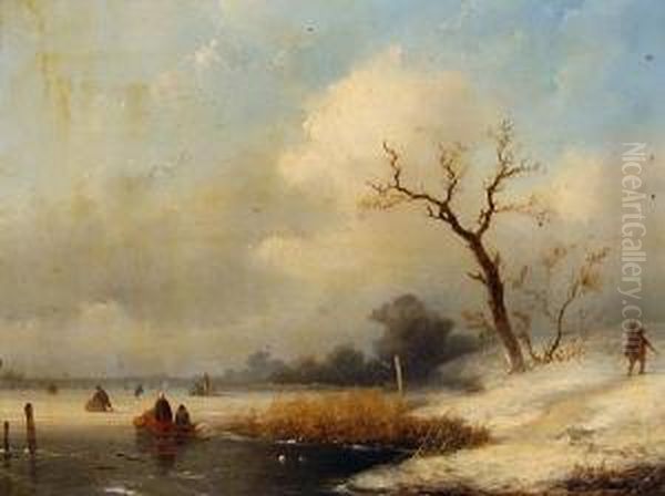 Figures On A Frozen Lake Oil Painting by Johannes Franciscus Hoppenbrouwers