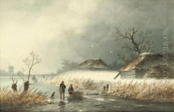 Woodgatherers On The Ice On A Misty Day Oil Painting by Johannes Franciscus Hoppenbrouwers