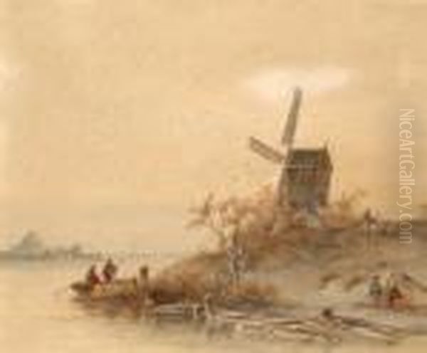 Figures By A Mill Oil Painting by Johannes Franciscus Hoppenbrouwers