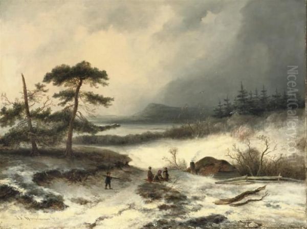 Woodgatherers By A Cottage In Winter Oil Painting by Johannes Franciscus Hoppenbrouwers