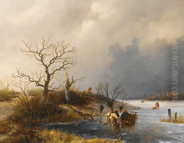 Winter Landscape With Skaters On A Frozenriver Oil Painting by Johannes Franciscus Hoppenbrouwers