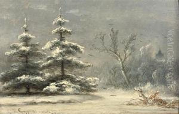 Snow Covered Pine Trees Oil Painting by Johannes Franciscus Hoppenbrouwers