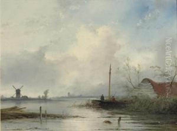 Fishing In A Dutch Polderlandscape Oil Painting by Johannes Franciscus Hoppenbrouwers