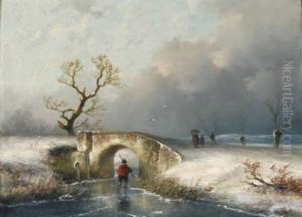 Winterlandschaftmit Brucke Und Figurenstaffage Oil Painting by Johannes Franciscus Hoppenbrouwers