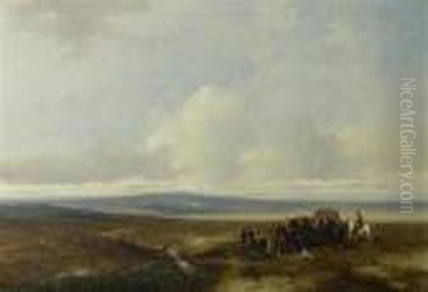 Weite Landschaft Mit Pferdekutsche Und Reitern. Oil Painting by Johannes Franciscus Hoppenbrouwers