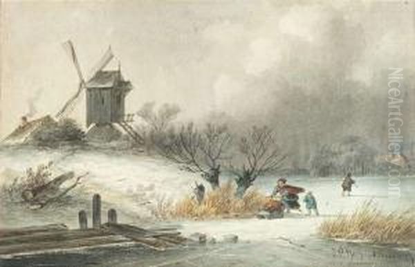 Hoppenbrouwers, Johannes 
Franciscus . Wintry Landscape With A Windmill And Walkers On A Frozen 
Lake Oil Painting by Johannes Franciscus Hoppenbrouwers