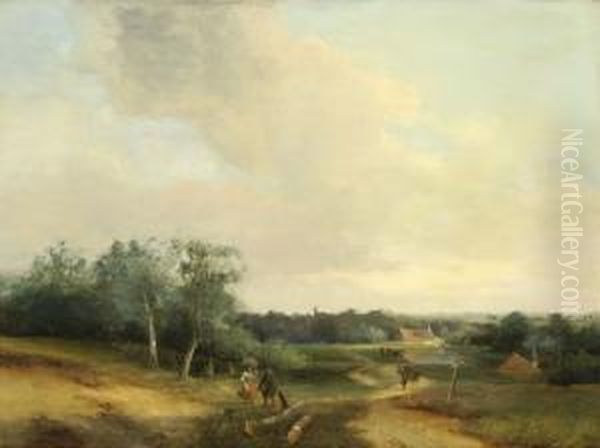 Walkers On A Country Road Oil Painting by Johannes Franciscus Hoppenbrouwers