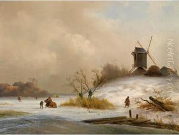 Figures In A Winter Landscape, A 'koek En Zopie' In The Distance Oil Painting by Johannes Franciscus Hoppenbrouwers