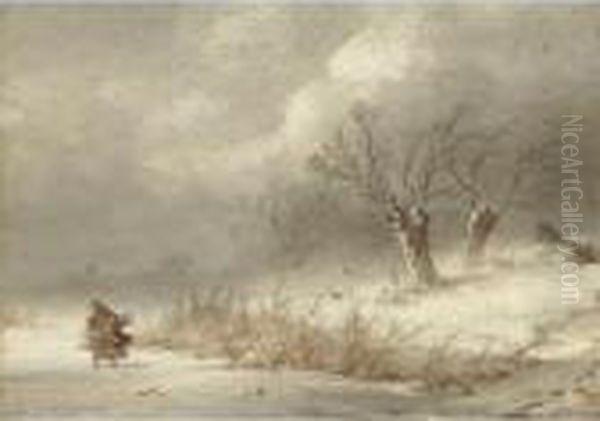 Gathering Wood In Winter Oil Painting by Johannes Franciscus Hoppenbrouwers