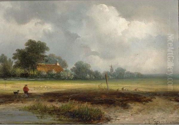 A Hunter With His Dog In A Polder Landscape Oil Painting by Johannes Franciscus Hoppenbrouwers