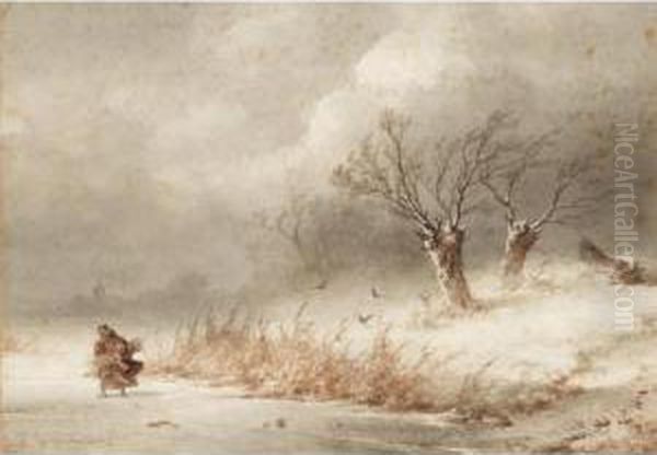 Gathering Wood In Winter Oil Painting by Johannes Franciscus Hoppenbrouwers