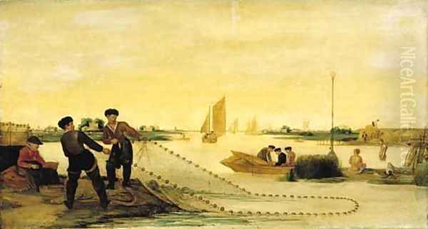 A river landscape with two fishermen pulling in their nets, with bathers beyond Oil Painting by Arentsz van der Cabel