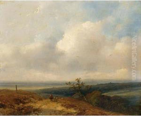 A Shepherd In An Extensive Landscape Oil Painting by Johannes Franciscus Hoppenbrouwers