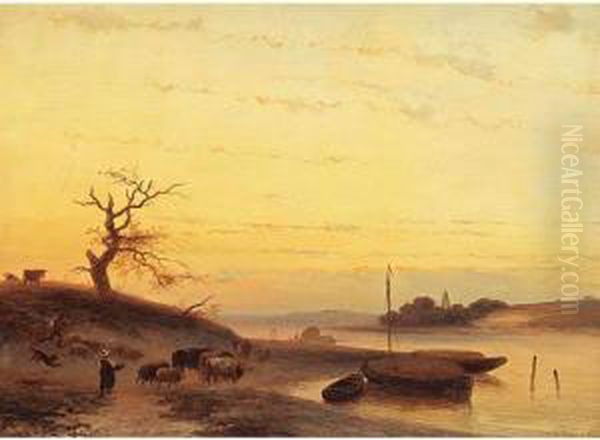 A Peasant With His Cattle Near The Riverside Oil Painting by Johannes Franciscus Hoppenbrouwers