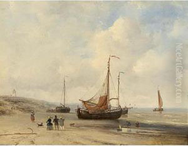 Elegant Figures On The Beach Oil Painting by Johannes Franciscus Hoppenbrouwers