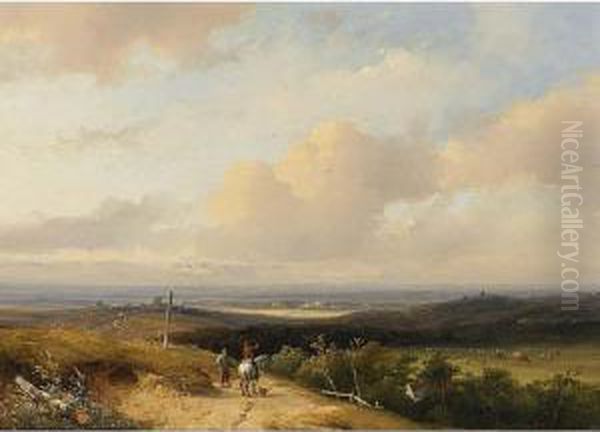 Travellers In An Extensive Summer Landscape Oil Painting by Johannes Franciscus Hoppenbrouwers