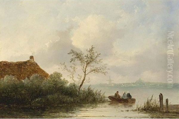 Figures On A Lake In A Rowing Boat, A Town In The Distance Oil Painting by Johannes Franciscus Hoppenbrouwers