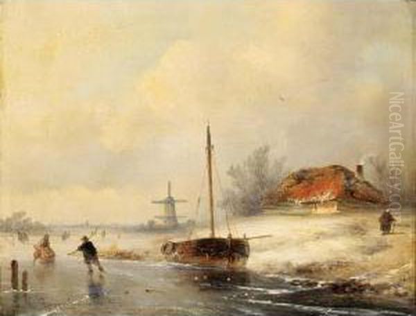 Skaters On A Frozen Waterway Oil Painting by Johannes Franciscus Hoppenbrouwers