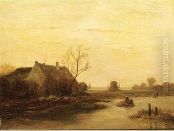 Woodgatherers On A Frozen Waterway Oil Painting by Johannes Franciscus Hoppenbrouwers