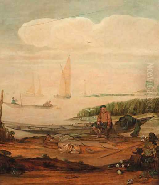 A river landscape with a fisherboy mending a net seated on a punt on the shoreline, other shipping beyond Oil Painting by Arentsz van der Cabel