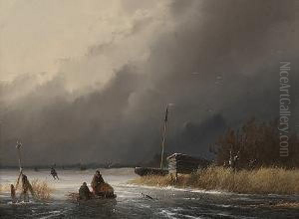 Figures With A Sled On A Frozen River Oil Painting by Johannes Franciscus Hoppenbrouwers