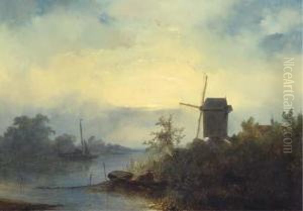 Smoking Eels On A River In Moonlight Oil Painting by Johannes Franciscus Hoppenbrouwers