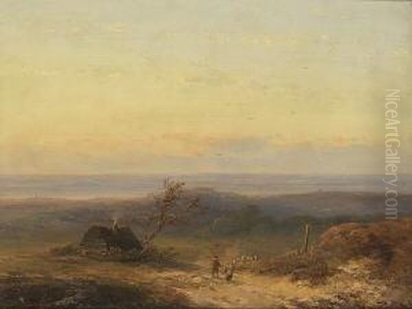 Schafer Mit Herde In Weiter
 Landschaft. Oil Painting by Johannes Franciscus Hoppenbrouwers