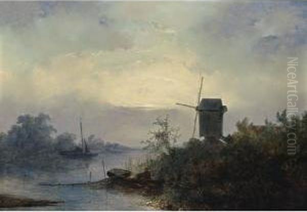 A Fisherman By A Wind Mill At Moonlight Oil Painting by Johannes Franciscus Hoppenbrouwers