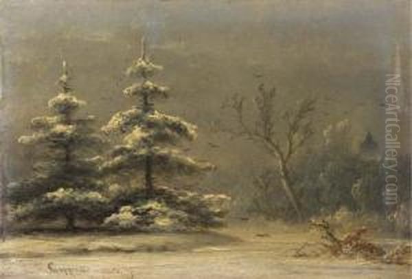 Snowcovered Pine-trees In A Winter Landscape Oil Painting by Johannes Franciscus Hoppenbrouwers